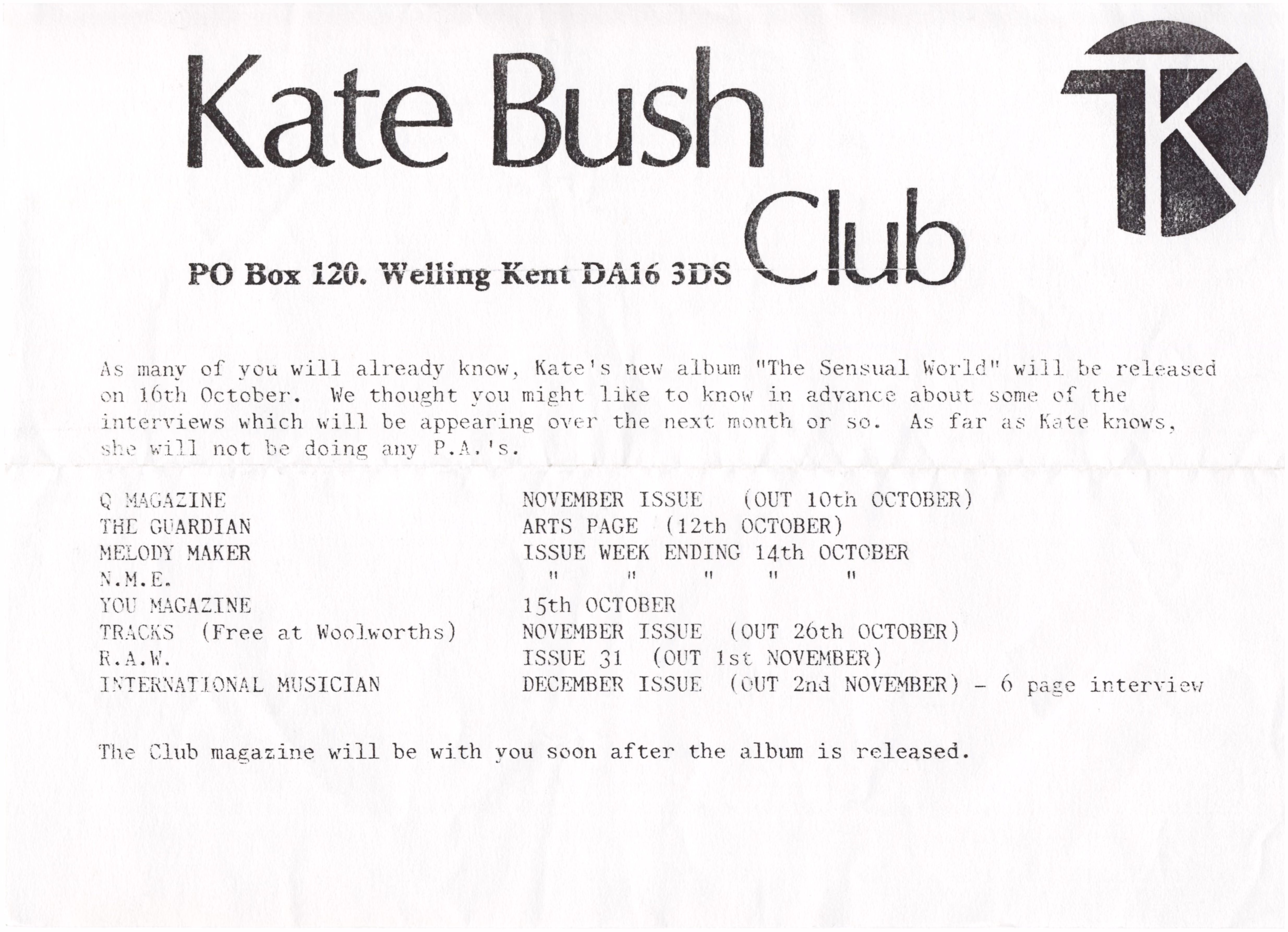 'Kate Bush Club' Letter