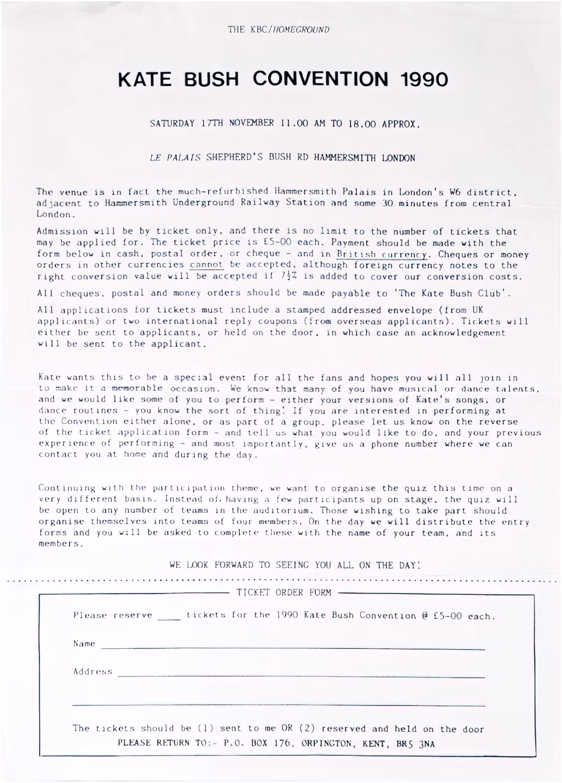 '1990 Kate Bush Convention' Ticket Order Form