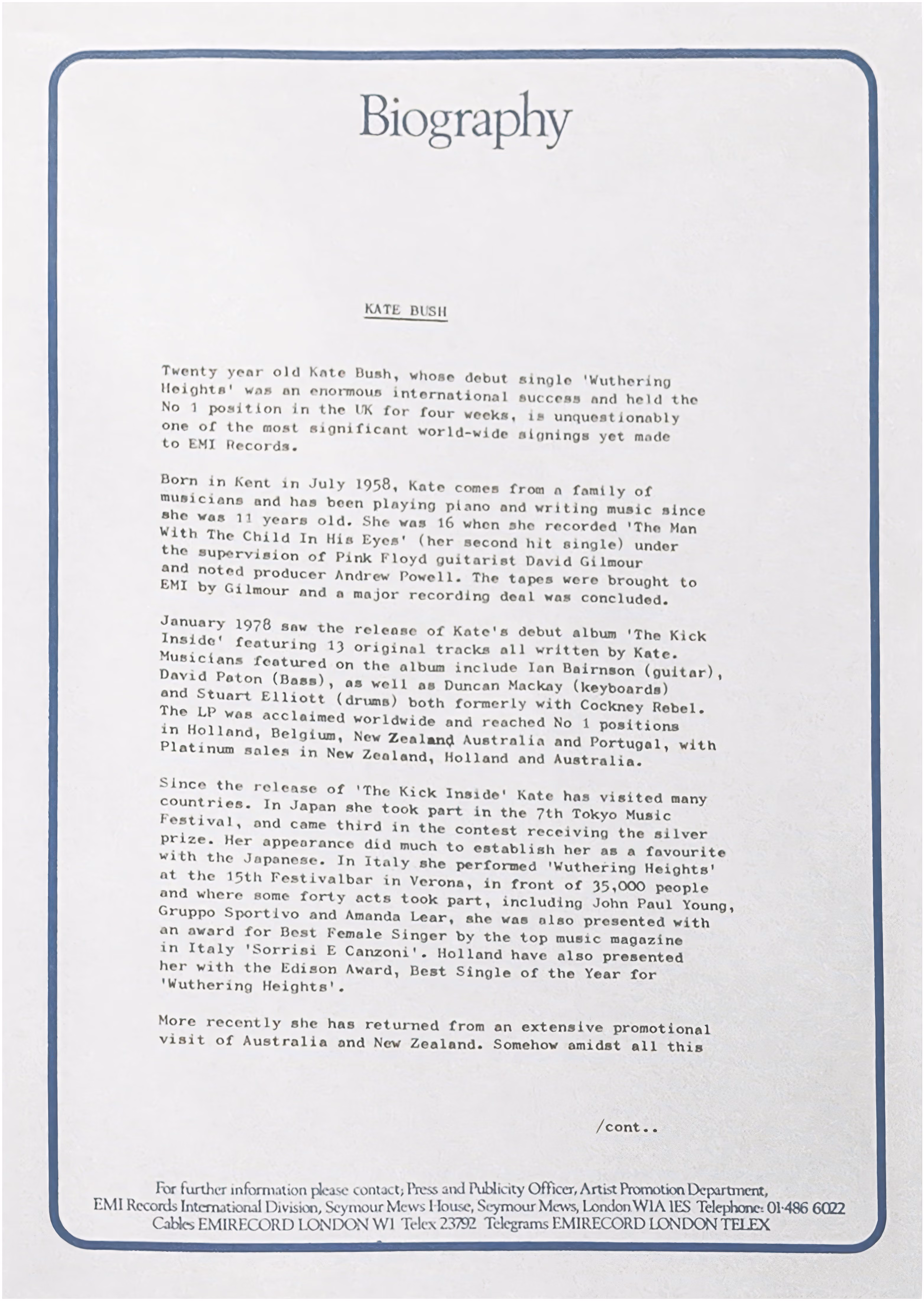 'Biography' / 'International Promotion' Press Kit