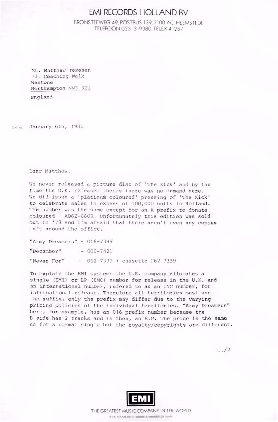 'EMI Records Holland' Letter