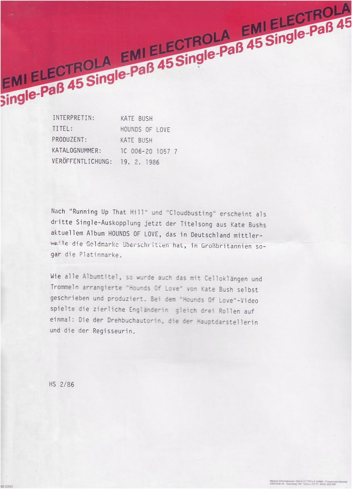 'Hounds Of Love' Single Fact Sheet