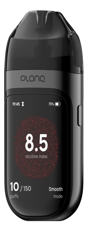Plonq Meta Smart с включенным экраном, показывающим индекс никотина 9.7