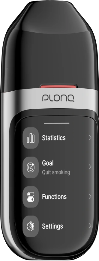 Plonq Meta Smart с включенным экраном и шестью иконками: блокировка, осознанная защита, ночной режим, режим сессии, гостевой режим, контроль затяжек.