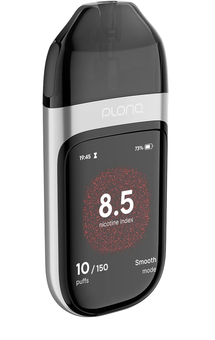 Plonq Meta Smart с включенным экраном, показывающим индекс никотина, время и дату