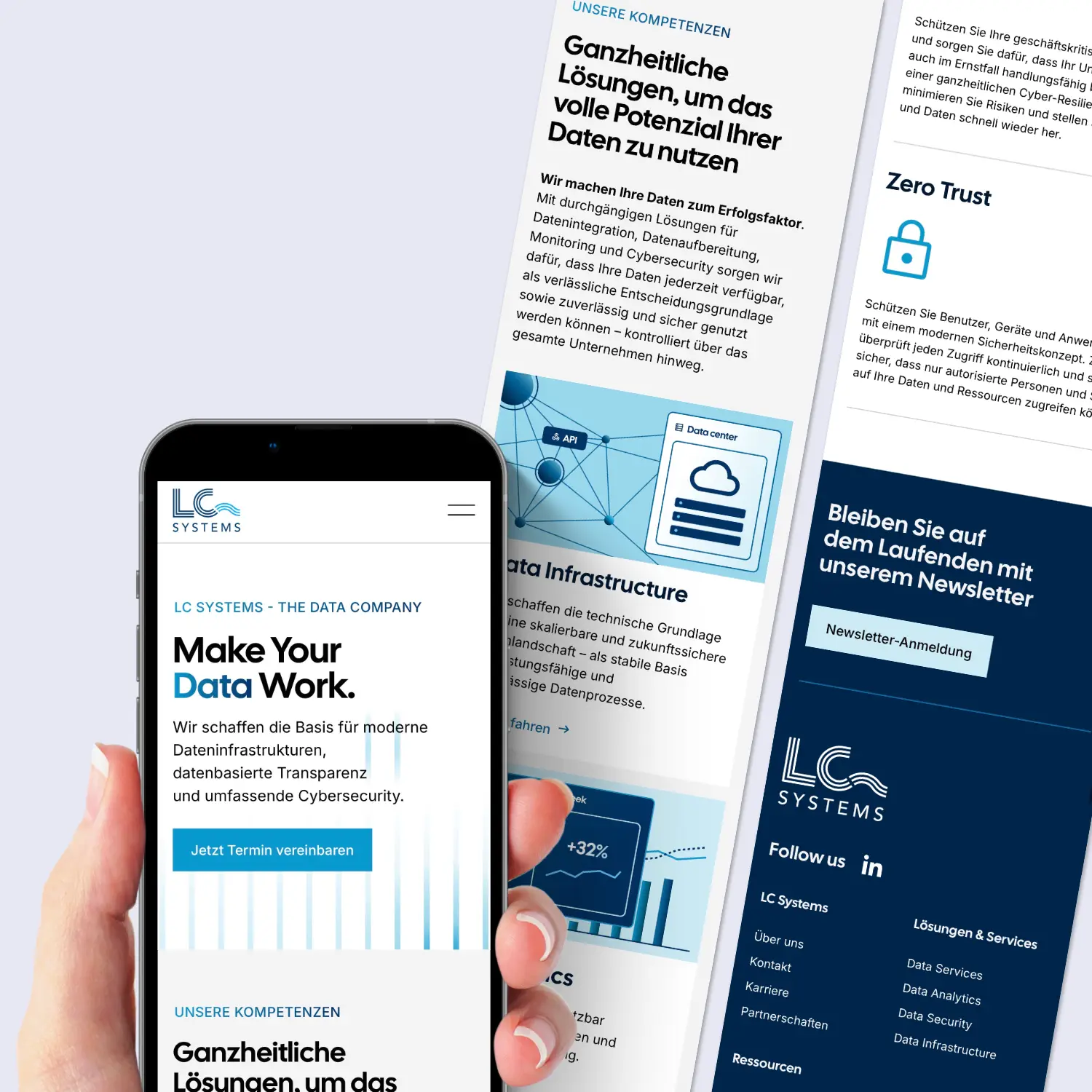 Mobile Ansicht der LC Systems Website auf einem iPhone