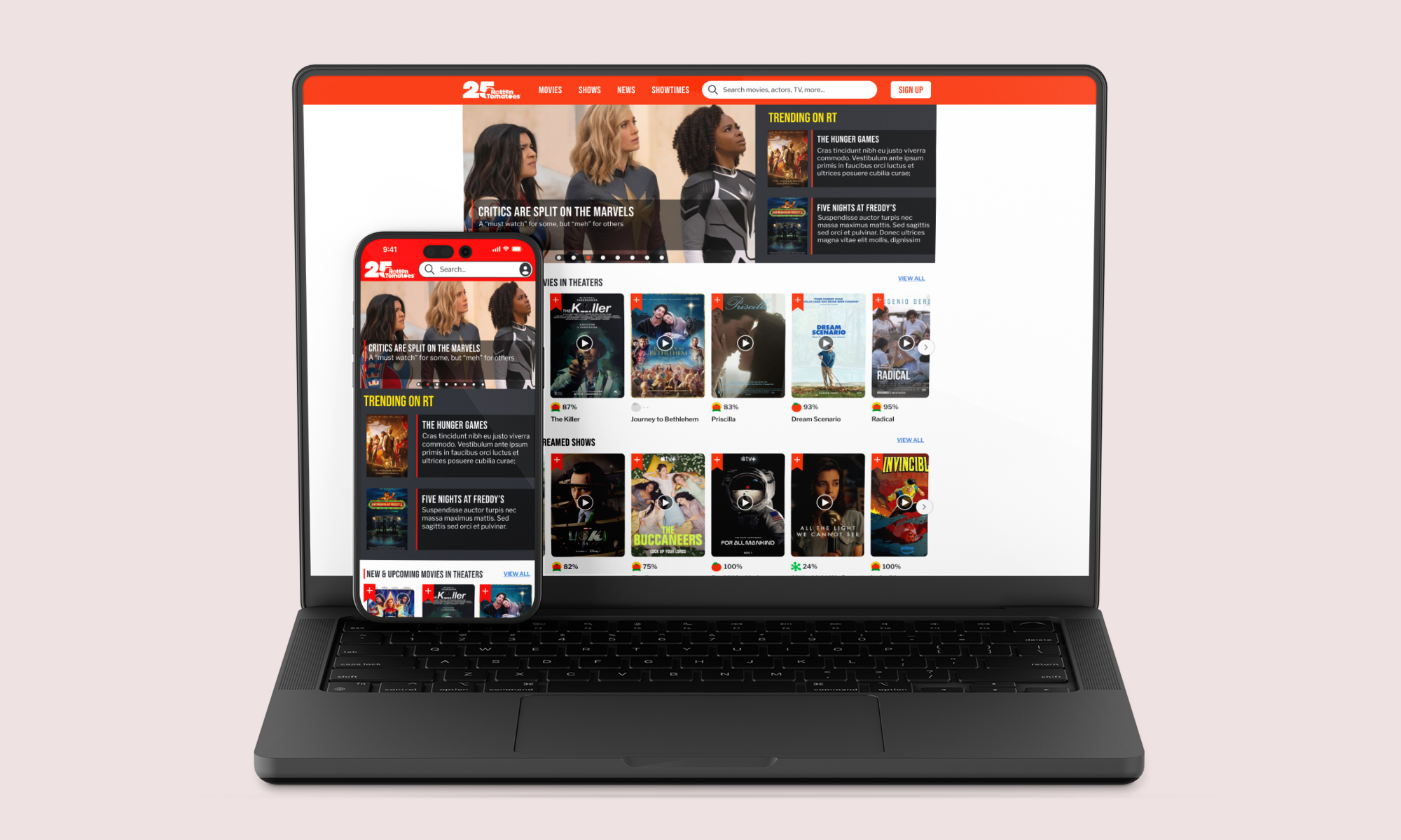 Rotten Tomatoes refreshed home page mocked up on laptop and phone