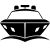 Black and white icon of a boat viewed from the front.