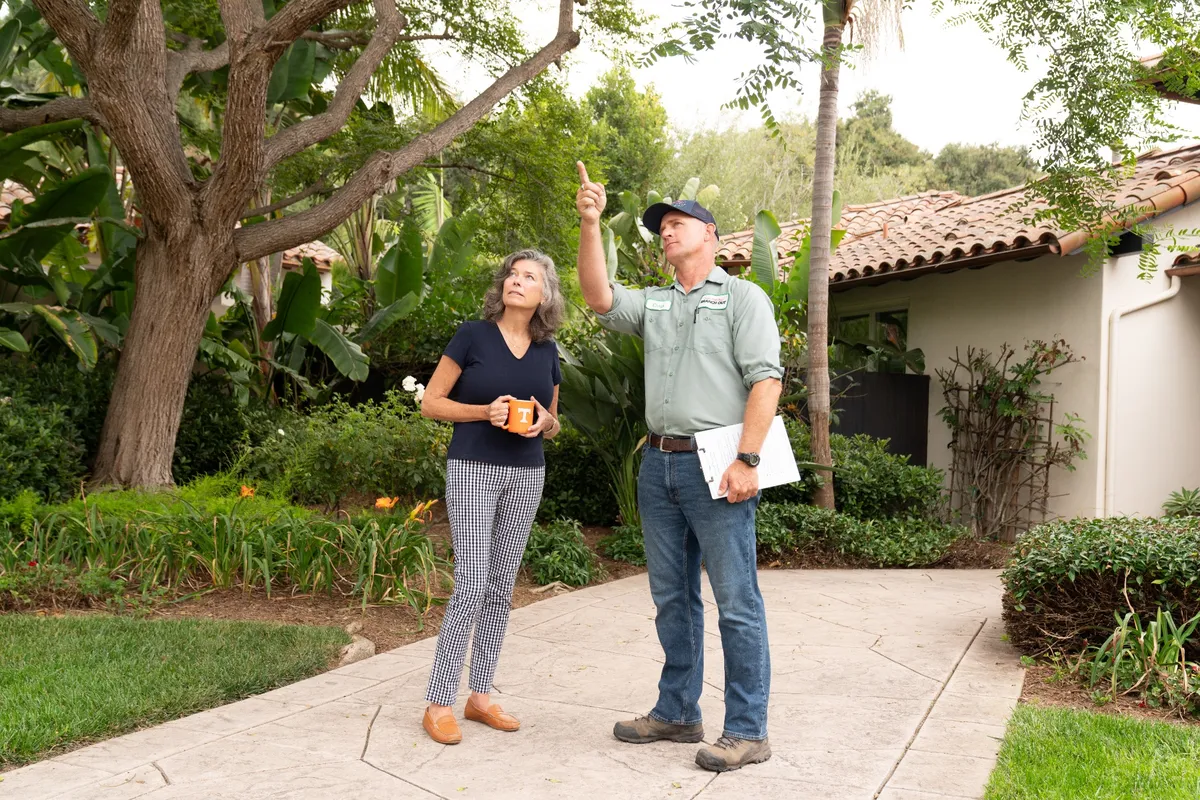 Arborist tree crew clearing driveway for fire insurance in Montecito California