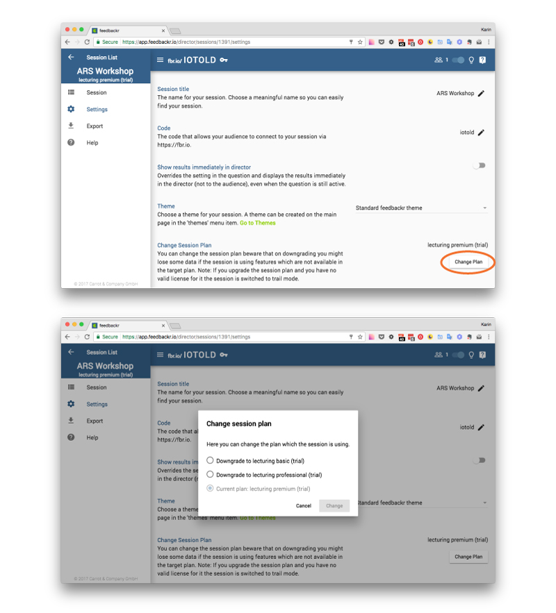 How to manually downgrade a feedbackr session in session settings