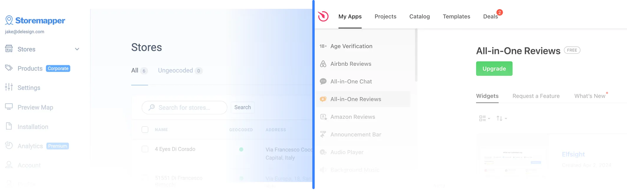 Split screen showing Storemapper app on the left with a list of stores and navigation menu, and Elfsight app on the right displaying an upgrade option for All-in-One Reviews widget.