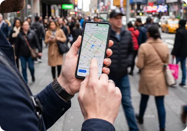 Person holding a smartphone displaying a map with a location pinned at Times Square, surrounded by a busy city street with pedestrians.