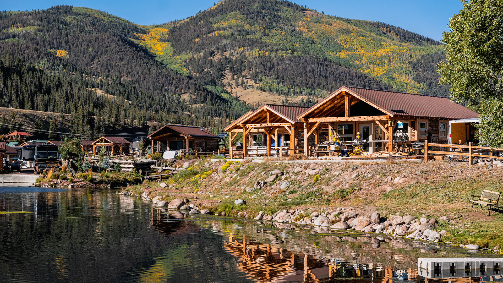 Riverside cabins at Mountain Views RV Resort in fall