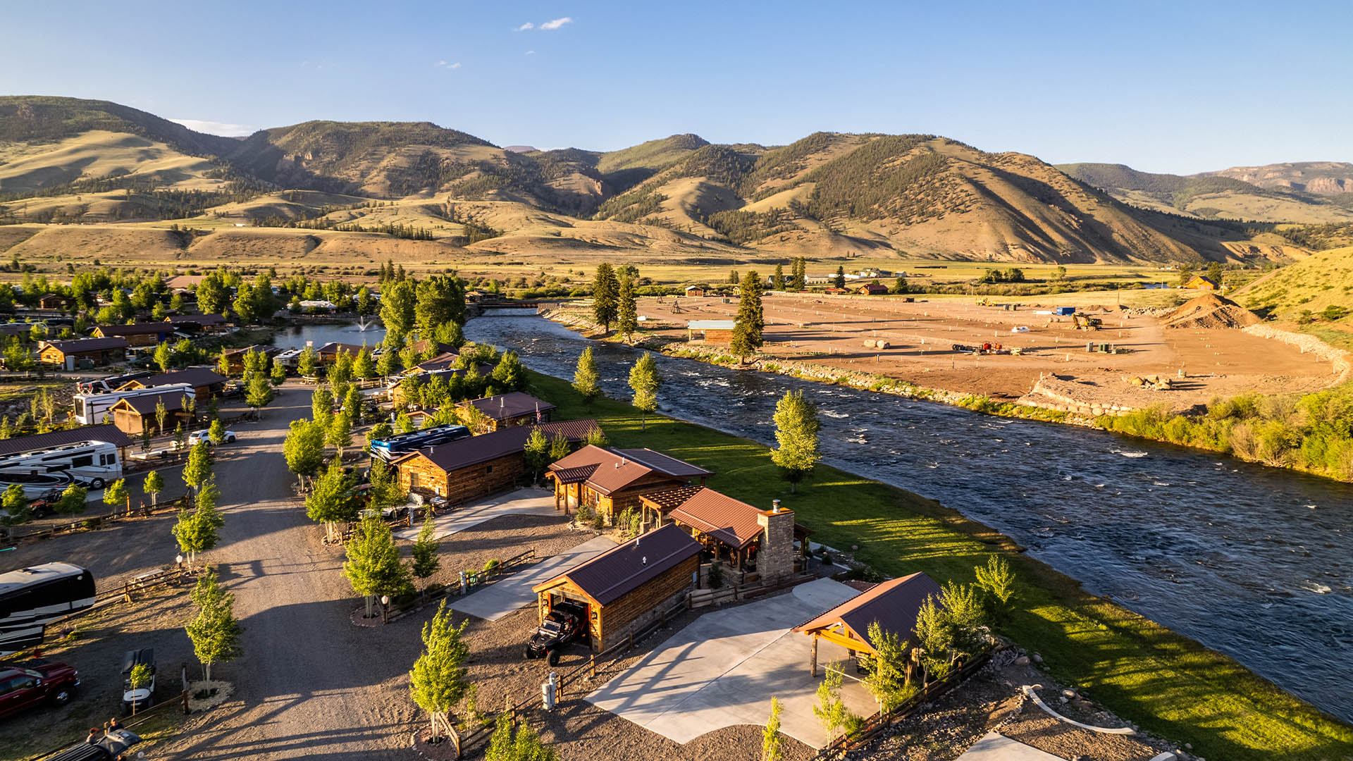 Aerial view of Mountain Views RV Resort along the Rio Grande