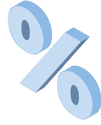 A light-blue 3D percentage symbol with rounded circles and a rectangular bar