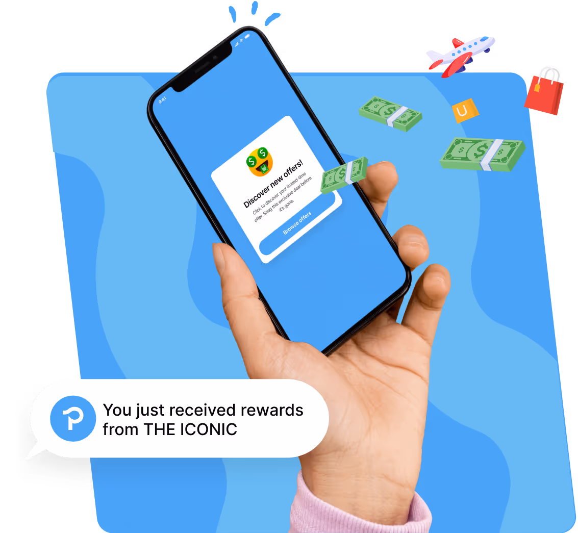 A hand holding a smartphone displaying a rewards notification from THE ICONIC. Money, a shopping bag, and a plane are illustrated around it, symbolizing travel and shopping rewards.