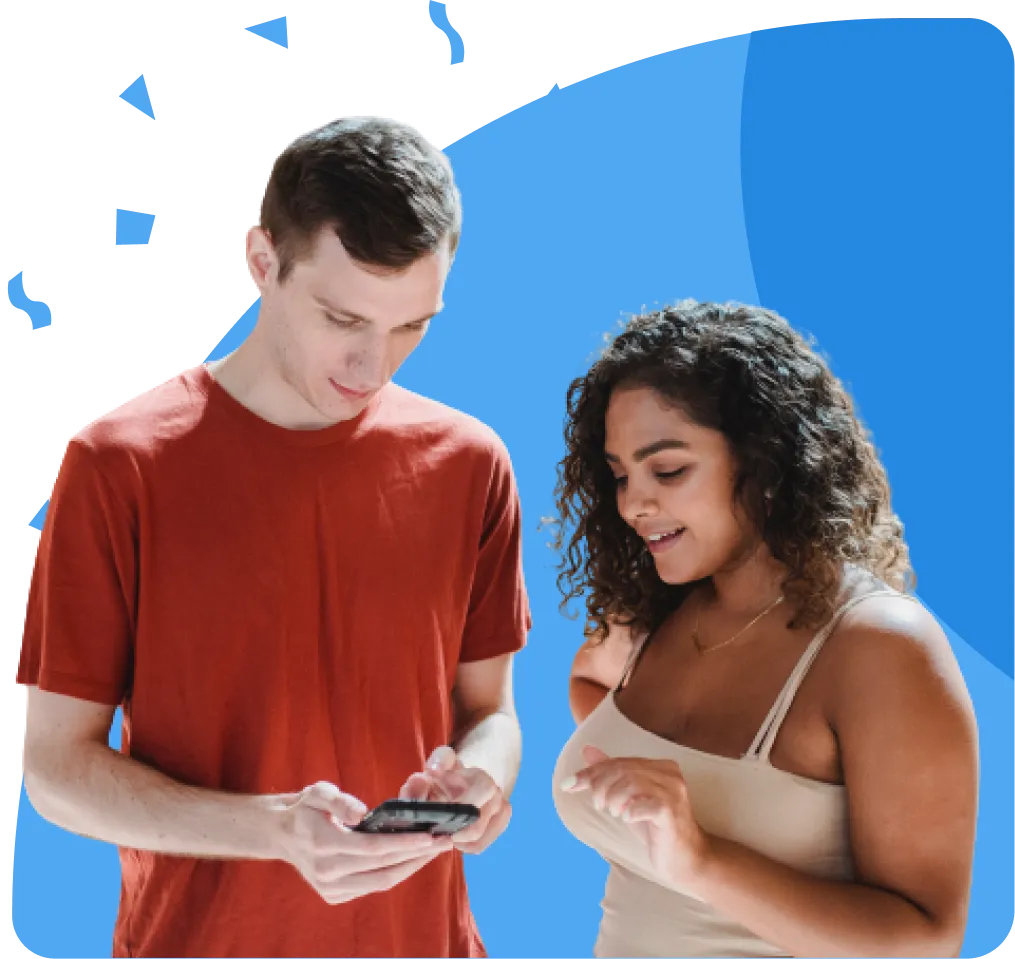 Two young adults looking at a smartphone, male in rust t-shirt, female in sleeveless beige top, light-blue background