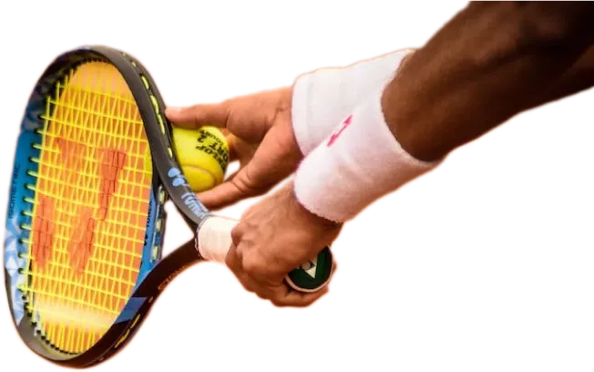 a tennis player's hands and arms holding a tennis racket. 