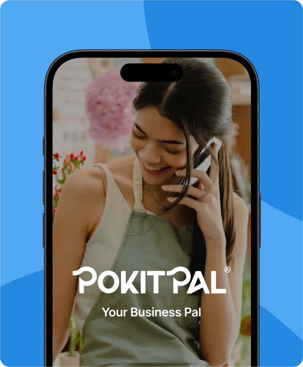 "
A smartphone screen shows a ""PokitPal"" app promo image: a smiling woman in an olive apron holds a phone by plants. "