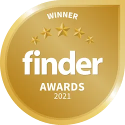 Gold badge for Finder Awards 2021 with text 'Winner' and five stars above the 'Finder' logo.