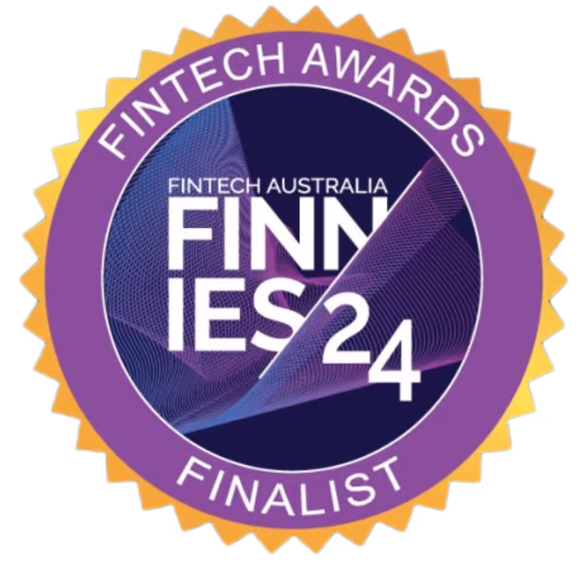 Fintech Australia Finnies 24 Finalist badge with purple and gold accents.