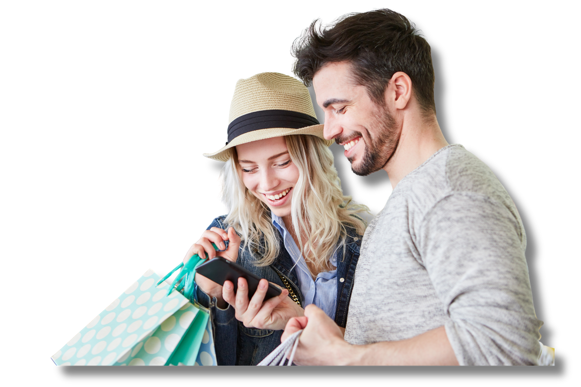 Couple checking rewards on their phone