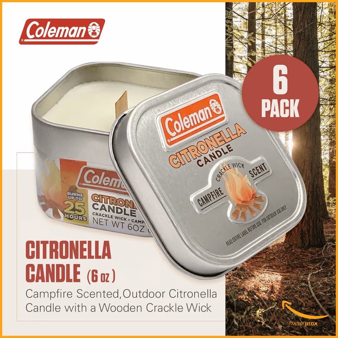 נרות ציטרונלה נגד יתושים של Coleman עם ניחוח מדורה וזמן בעירה ארוך של 25 שעות -סט של 6 יחידות ב-102 ₪