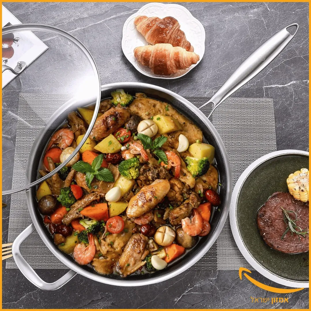 מחבת סוטאז' נון-סטיק היברידית מפלדת אל-חלד בטכנולוגיית Tri-Ply - גודל משפחתי 5.5 ליטר - במבצע נדיר