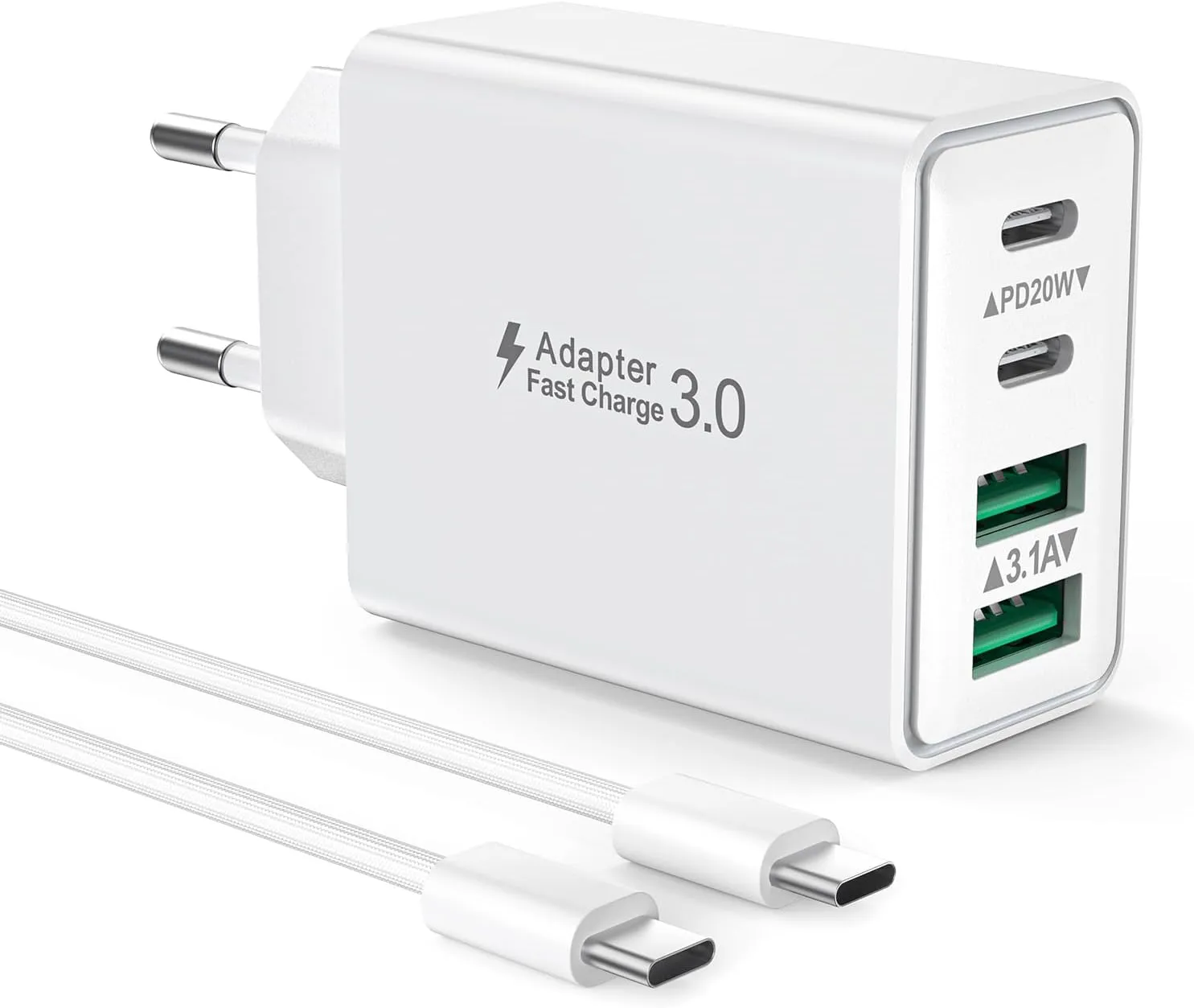 מטען USB-C מהיר 40W עם 4 יציאות וכבל 2 מטר