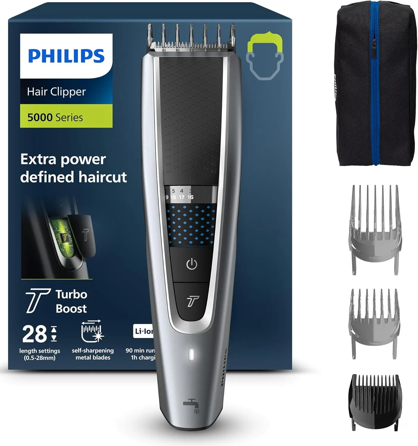 מכונת תספורת פיליפס Philips מסדרת 5000: טורבו, 28 אורכים ו-3 מסרקים