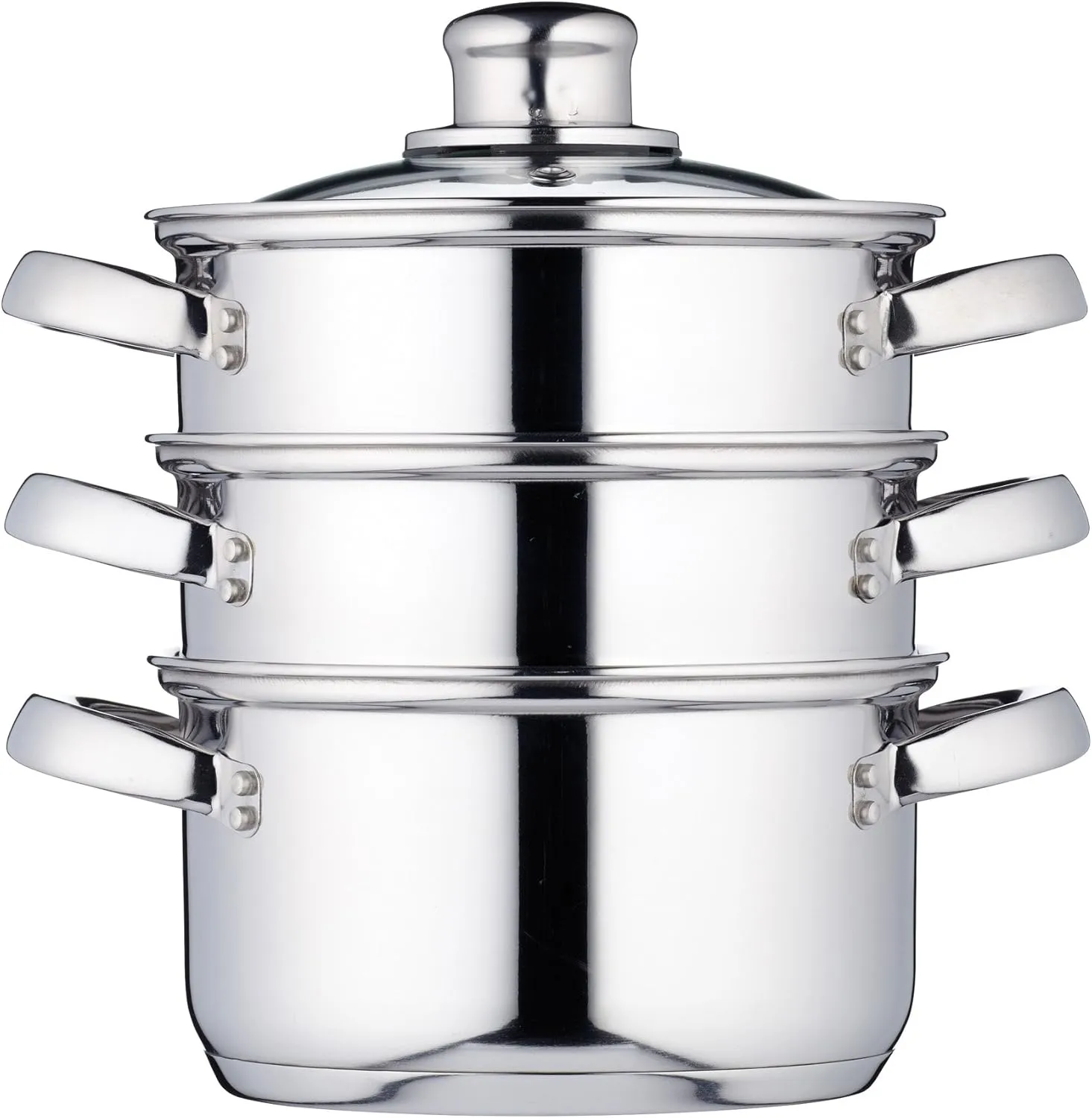 סיר אידוי תלת-קומתי 16 ס״מ מפלדת אל-חלד של KitchenCraft: תואם אינדוקציה, מכסה זכוכית