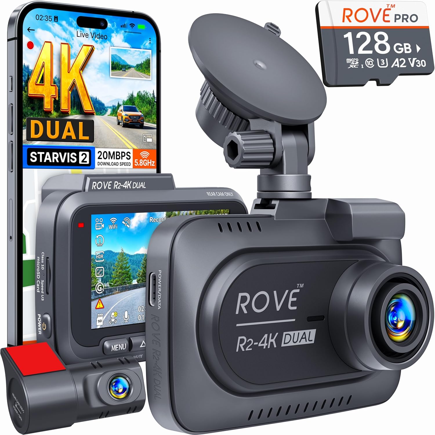 מצלמת דרך כפולה עם חיישן Sony, GPS ו-128GB כלול (ROVE R2-4K DUAL)