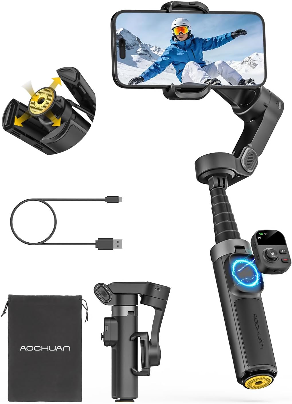 גימבל לסמארטפון AOCHUAN Smart X3 — ייצוב 3 צירים, מוט הרחבה מובנה 50 ס"מ, חצובה ושלט מגנטי