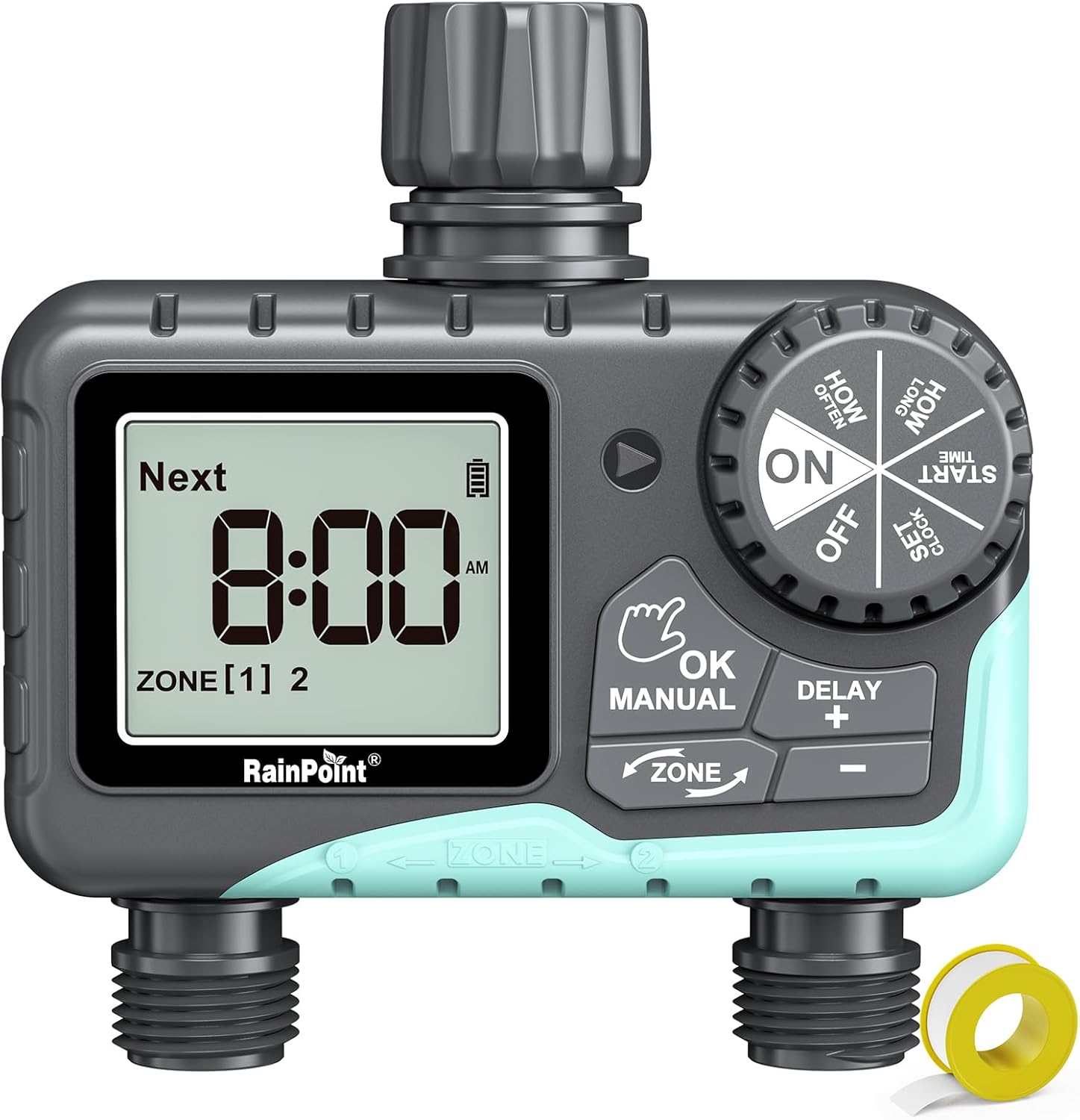 שעון השקיה תוכניתי דו-ערוצי של RAINPOINT — שליטה מלאה על 2 אזורי השקיה