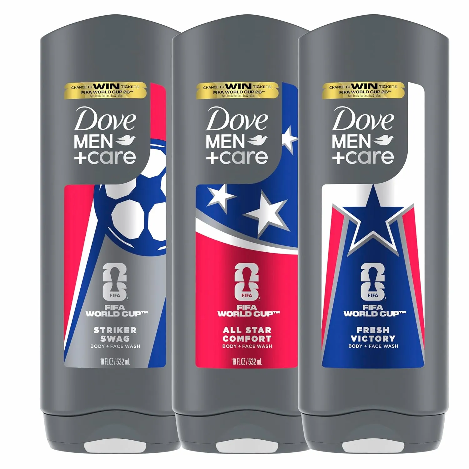 מארז 3 ג'ל רחצה לגוף ולפנים של Dove Men+Care — מהדורת מונדיאל 2026