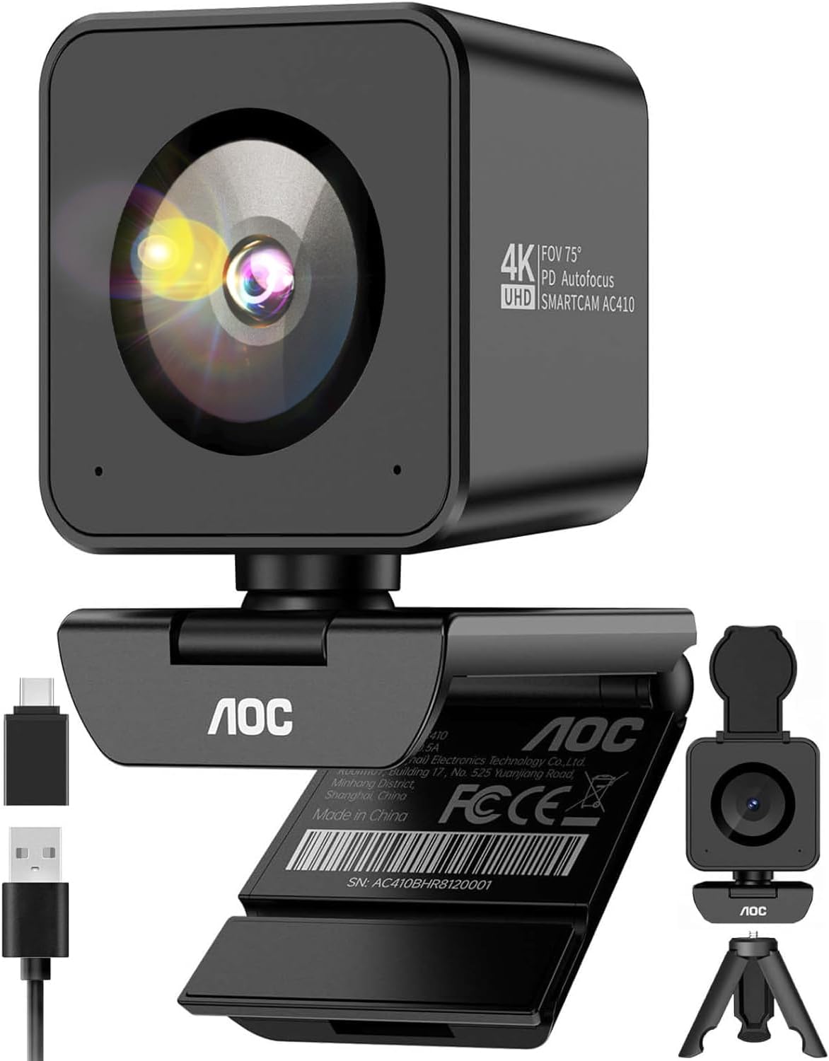 מצלמת רשת 4K של AOC לסטרימינג ולשיחות וידאו — פוקוס אוטומטי ומכסה פרטיות