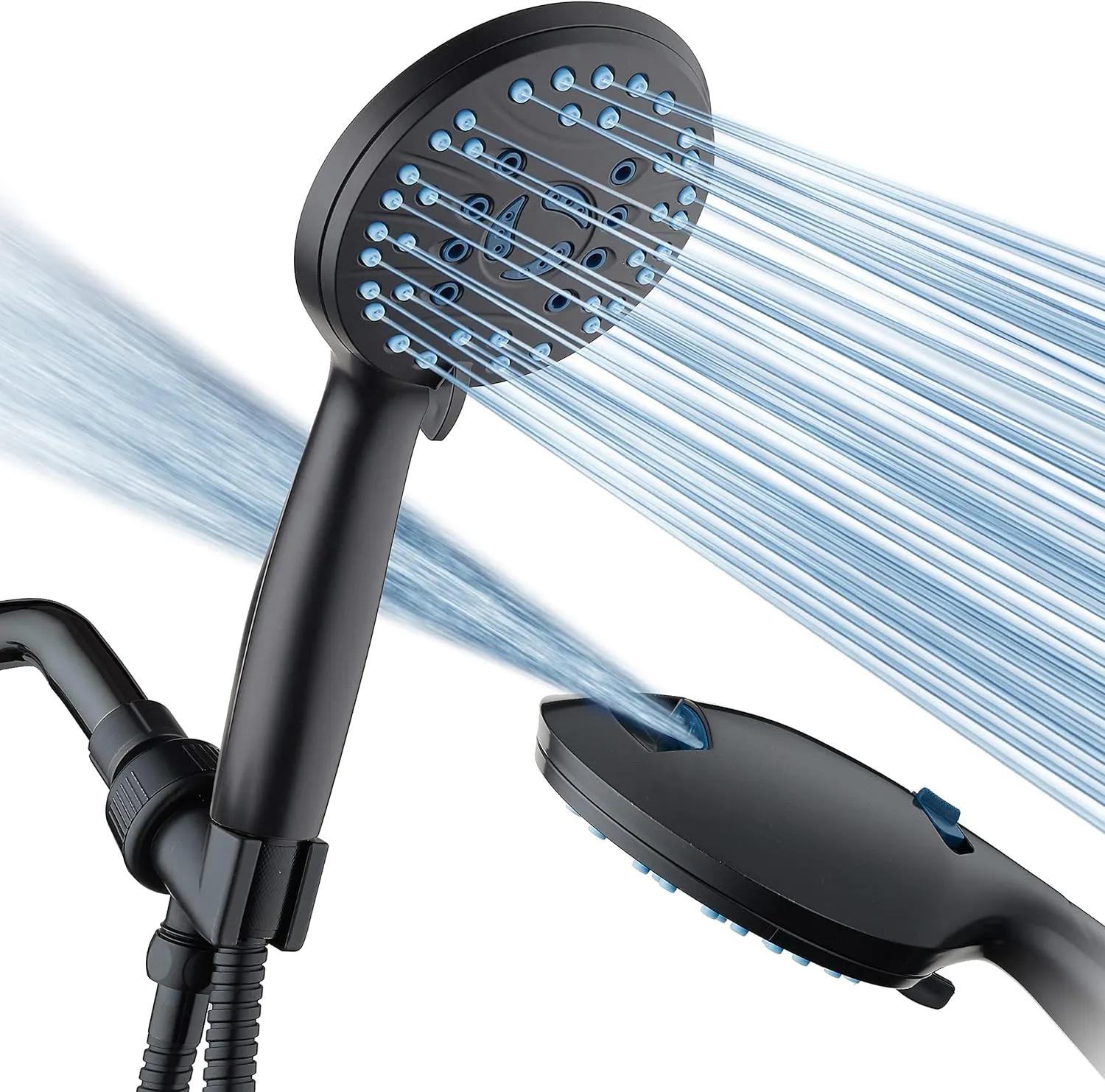 ראש מקלחת ידני בלחץ גבוה AquaCare — 8 מצבי הזרמה, פיות נוגדות סתימה וצינור פלדת אל-חלד
