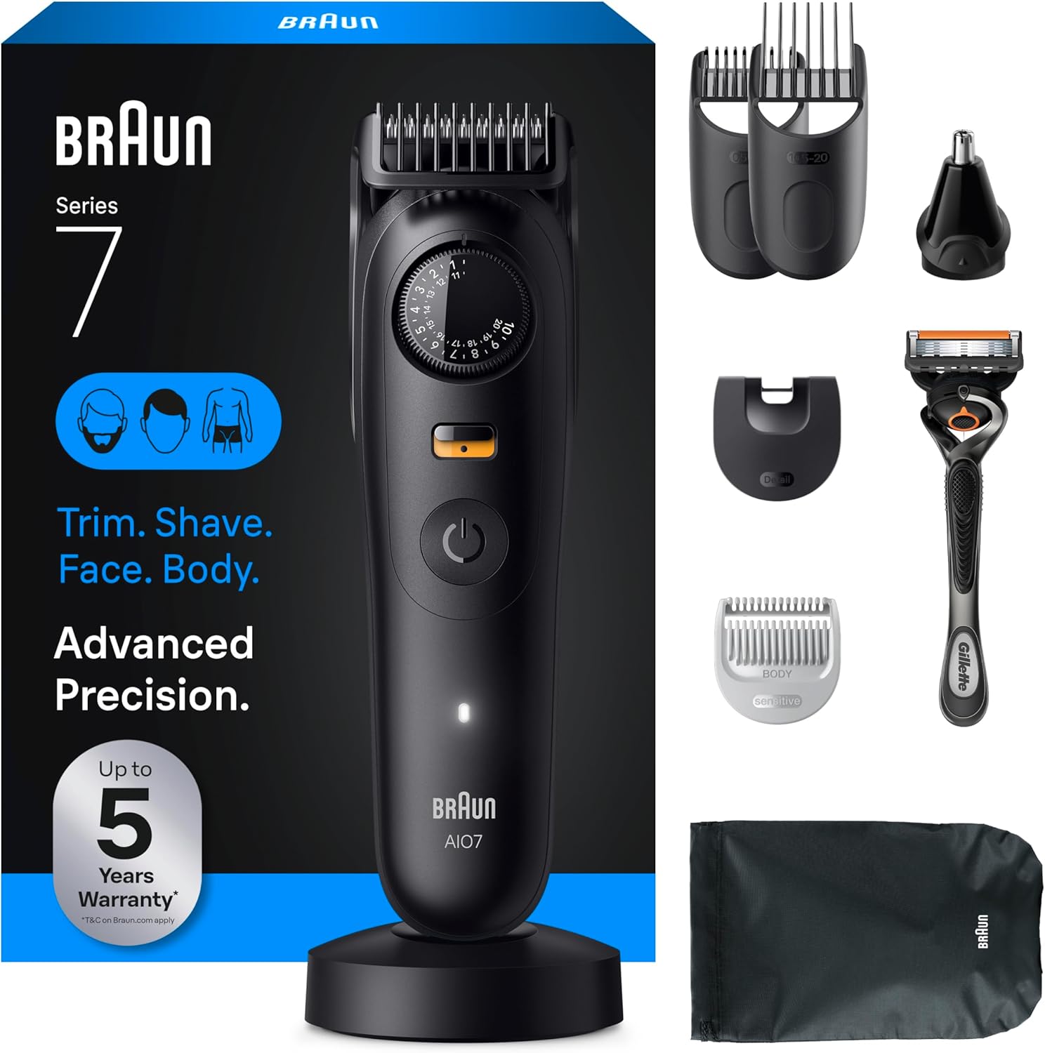 מכונת תספורת וגילוח Braun Series 7 All-in-One לגבר, 5-in-1 עם סכין Gillette