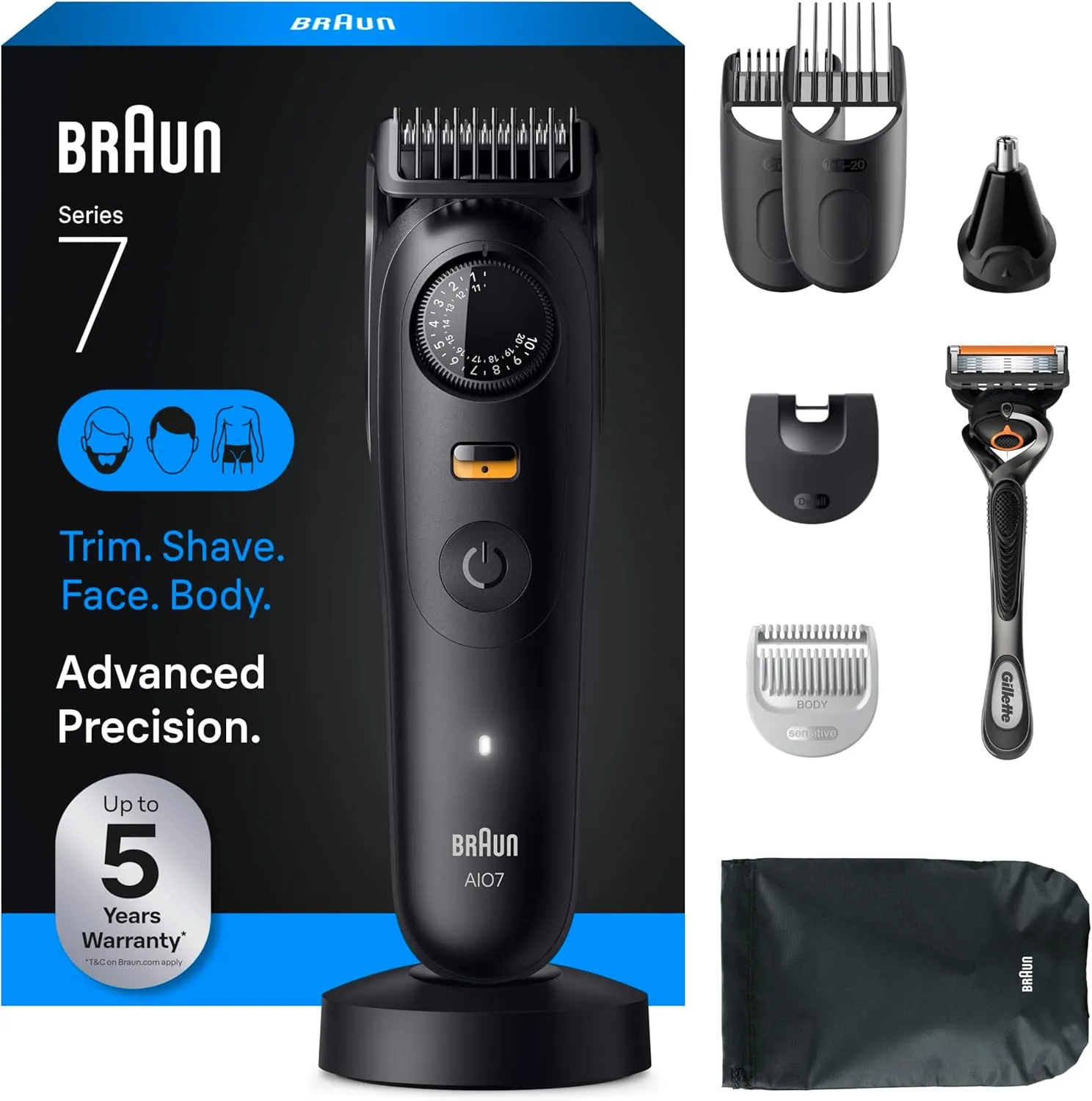 מכונת תספורת וגילוח Braun Series 7 All-in-One לגבר, 5-in-1 עם סכין Gillette