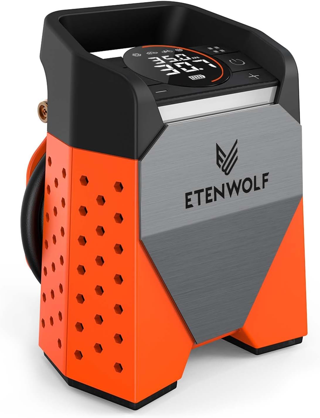 מדחס אוויר נייד לניפוח צמיגים של ETENWOLF מדגם ZEPHYR S3 — סוללה נטענת, עצירה אוטומטית ופנס LED