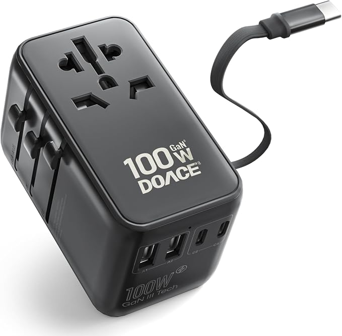 מתאם נסיעות אוניברסלי DOACE 100W GaN — 6 יציאות וכבל USB-C נגלל