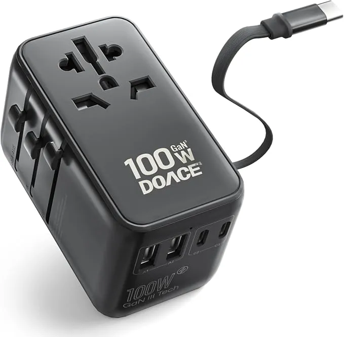 מתאם נסיעות אוניברסלי DOACE 100W GaN — 6 יציאות וכבל USB-C נגלל