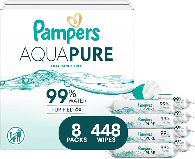 מגבונים לחים Pampers Aqua Pure — מארז 448 יחידות, 99% מים