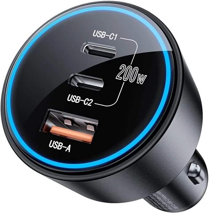 מטען מהיר לרכב בהספק 200W עם 2 יציאות USB-C ויציאת USB-A
