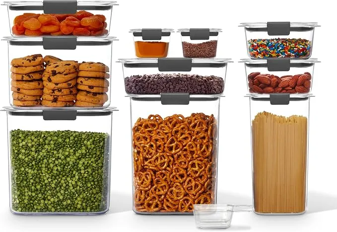 סט מיכלי אחסון אטומים למזווה Rubbermaid Brilliance, 10 מיכלים עם מכסים ננעלים וכפית מדידה