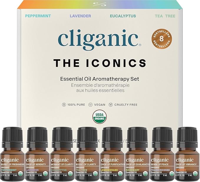 מארז 8 שמנים אתריים אורגניים של Cliganic למפזר ריח