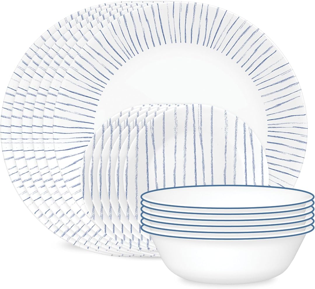 סט כלי אוכל Corelle ל-6 סועדים, דוגמת פסים כחולים