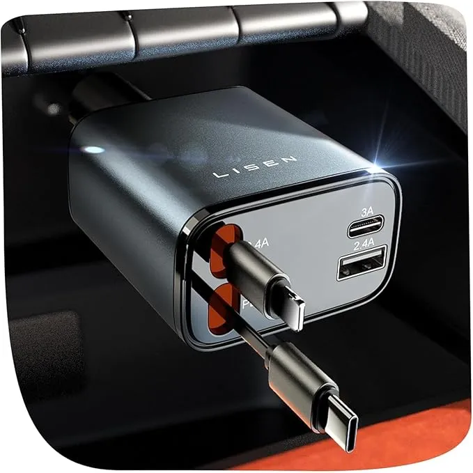 LISEN מטען לרכב 4 ב-1 עם שני כבלים נשלפים, USB-C ו-USB-A, עד 84W