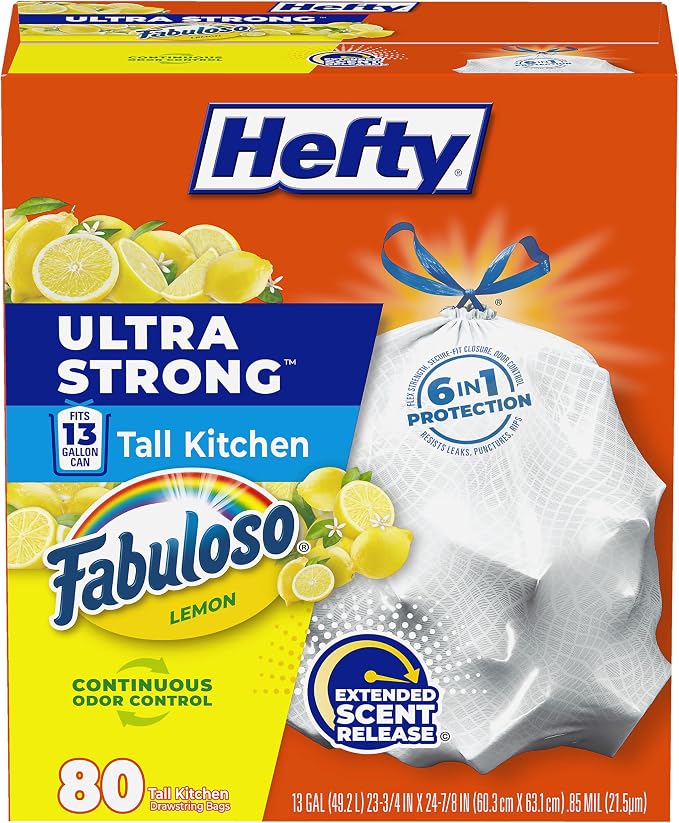 שקיות אשפה Hefty חזקות במיוחד, 80 יחידות בניחוח לימון