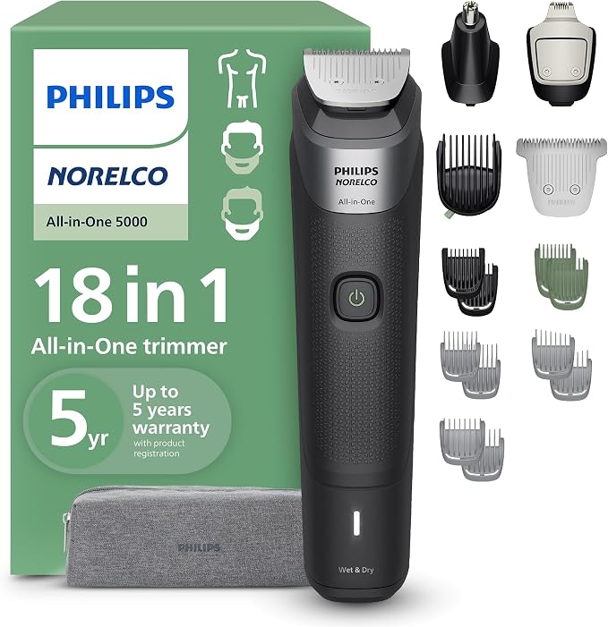 מכונת גילוח ועיצוב לשיער, לזקן ולגוף Philips Norelco All-in-One 5000 עם 18 חלקים