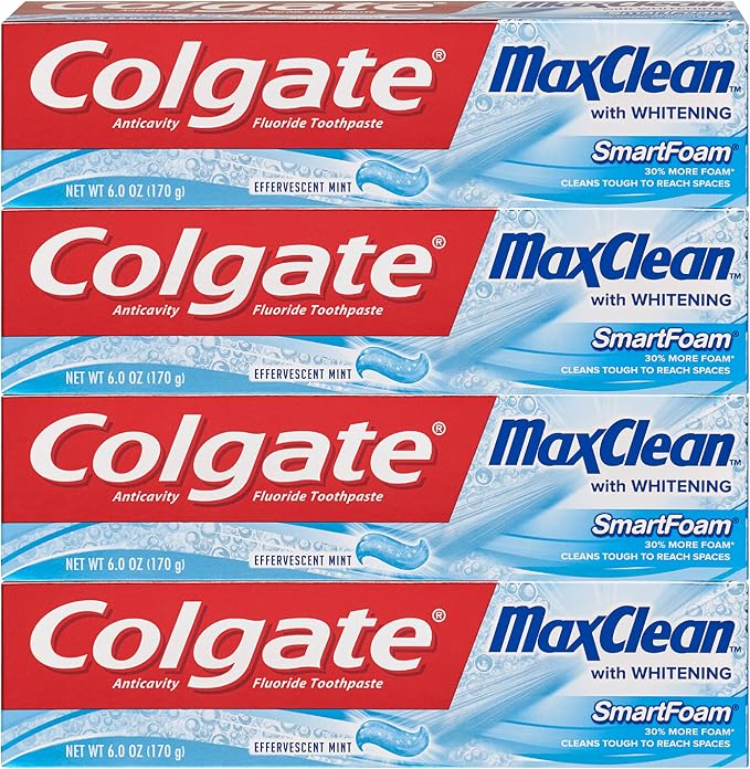 מארז 4 משחות שיניים Colgate Max Clean עם הלבנה ופלואוריד, 170 גרם כל אחת